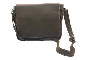Dark brown Crossbody Satchel displaying its adjustable leather strap with stainless steal hardware 
