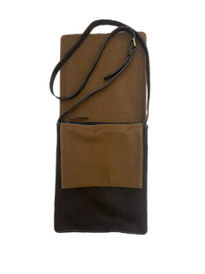 Leather and Canvas Bag open with big canvas pocket flipped out 