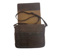 Brown Crazy leather Satchel with front flap open to see big front pocket with magnet clasp 