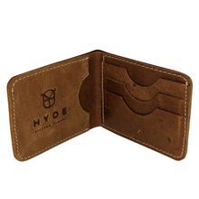 Folded open full grain buffalo leather copper colour wallet, card pouch on the right side with HYDE buffalo head embossed, and three card slots on the left—hand-stitched sewing around the edges of the wallet.