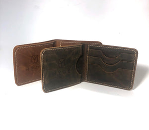 The rustic and espresso leather bi-fold wallet cardholder.