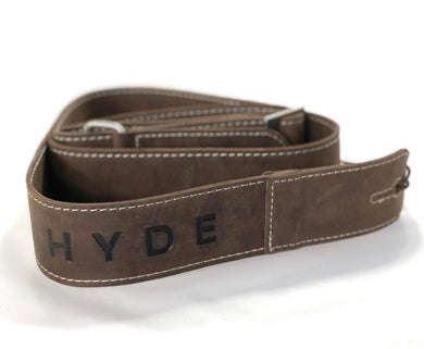 Buffalo Leather Guitar strap, Rustic colour, white sowed edging, with H Y D E embossed on body of strap. 